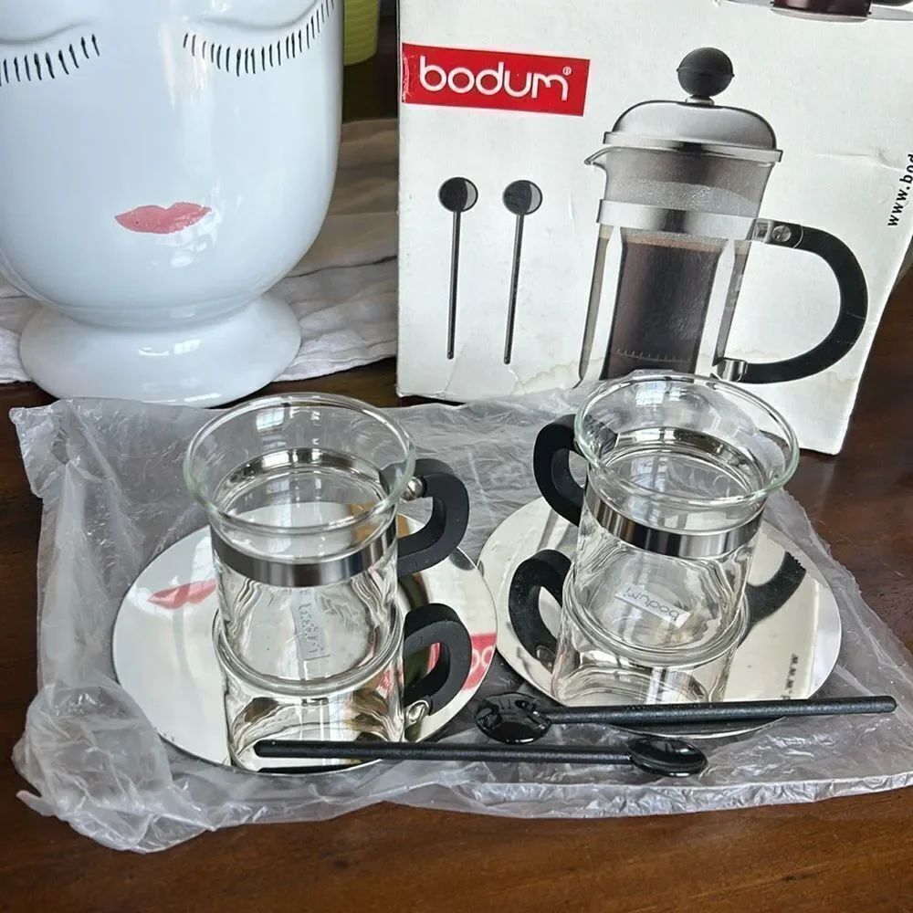 Bodum 2 cups with saucer and 2 spoons NeW Vintage
